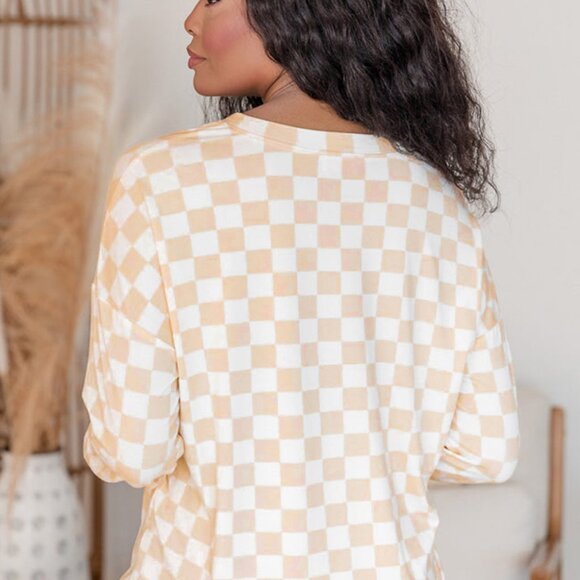 Beige Checkered Print Long Sleeve Top and Pants Lounge Set - Picture 3 of 13